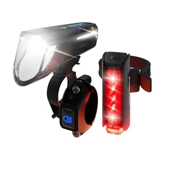 FISCHER Fahrrad LED-Akku Beleuchtungs-Set Twin Stop 100 Lux mit Fernlicht, mit Sensormodus, Lange Leuchtdauer, stabiles Aluminium-Gehäuse, schwarz, 1 Stück im Sale